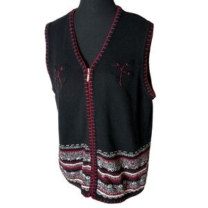 NORTHERN REFLECTIONS Black Hand Embroidered Knit Cardigan Vest Zipper Sz Large